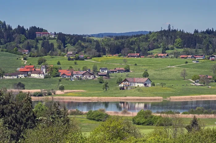 Framed Print : Memholz with spring meadows and mixed forest at Lake Niedersonthofen Framed Print : Memholz with spring meadows and mixed forest at Lake Niedersonthofen
