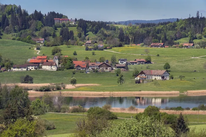 Framed Print : Memholz with spring meadows and mixed forest at Lake Niedersonthofen Framed Print : Memholz with spring meadows and mixed forest at Lake Niedersonthofen