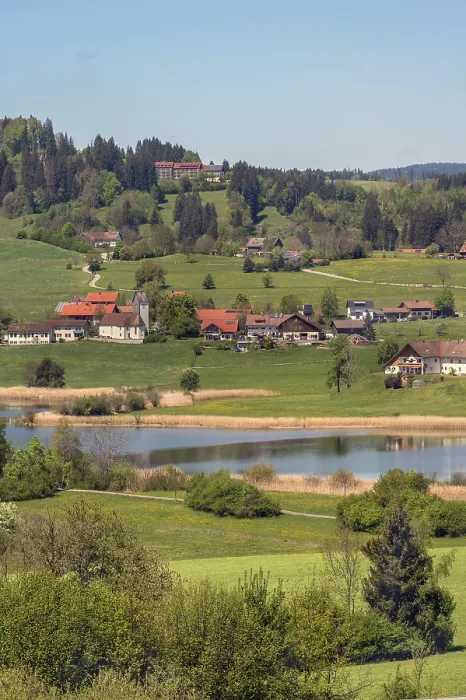 Framed Print : Memholz with spring meadows and mixed forest at Lake Niedersonthofen
