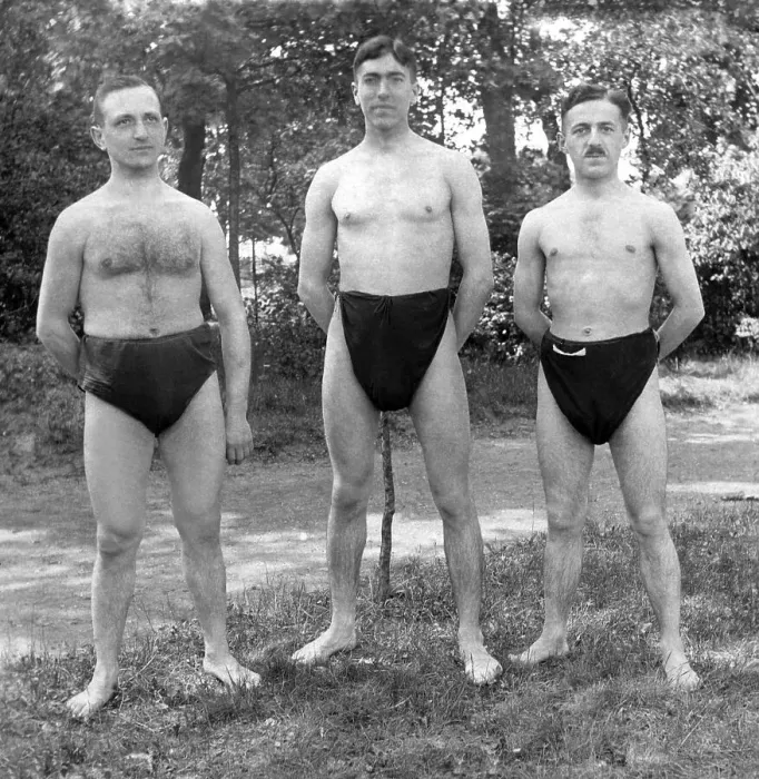 Framed Print : Men in bathing suits, historic photograph