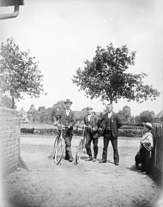 Framed Print : Men with bicycles, cyclists, hat