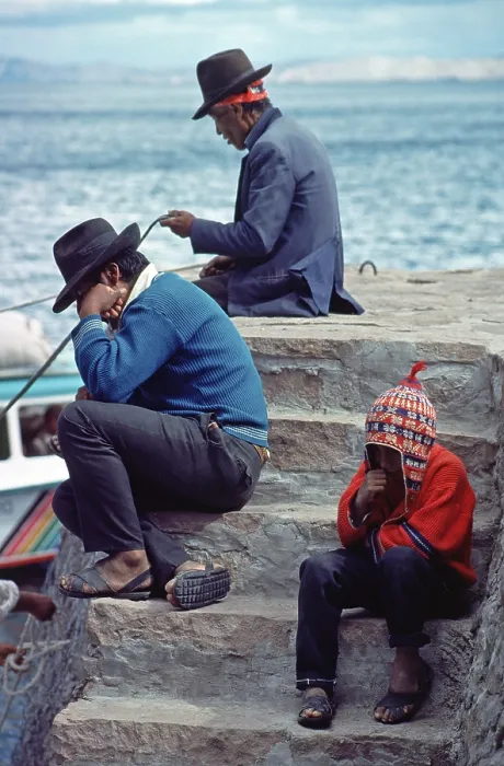 Framed Print : Men, boy, grandfather, father and son on Isla Taquile in Lake Titicaca
