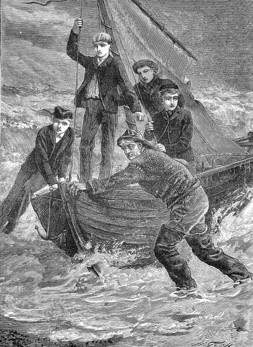 Framed Print : Men bringing a boat to the beach