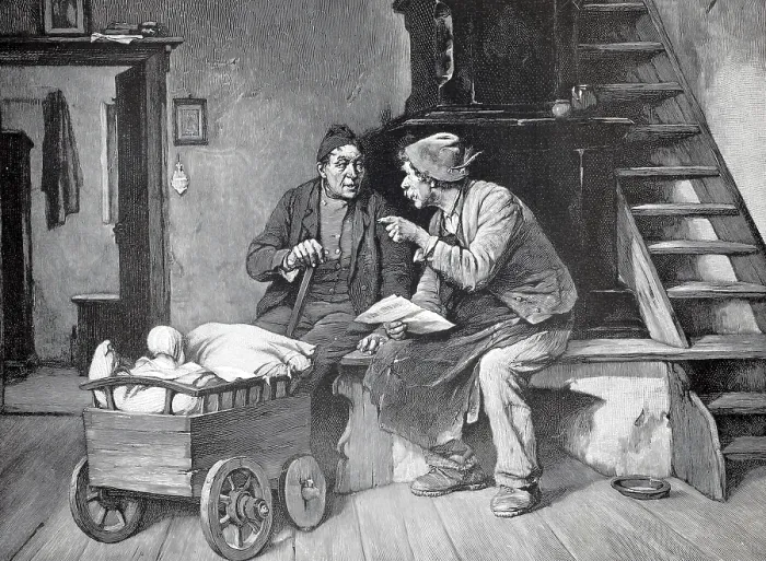 Framed Print : Two men discussing a newspaper article Framed Print : Two men discussing a newspaper article