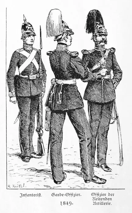 Framed Print : Three men in military dress, uniforms from 1849