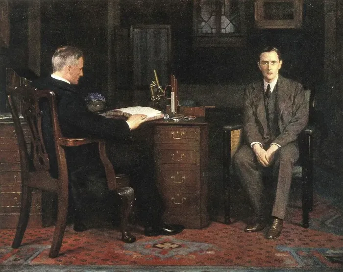 Framed Print : Two men are in an office, one sitting at a desk and the other on a chair Framed Print : Two men are in an office, one sitting at a desk and the other on a chair