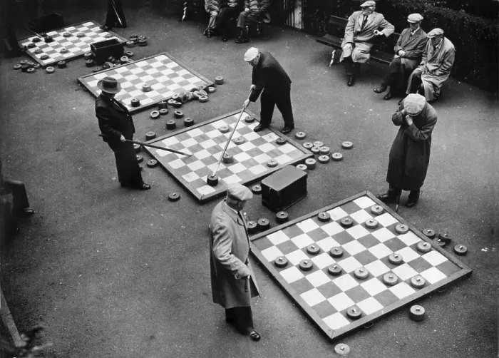 Framed Print : Men playing drafts, historical photo, circa 1920