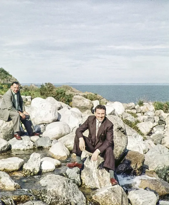 Framed Print : Two men sitting on boulders in a coastal area, Northern Ireland, late 1950s, around 1960 Framed Print : Two men sitting on boulders in a coastal area, Northern Ireland, late 1950s, around 1960