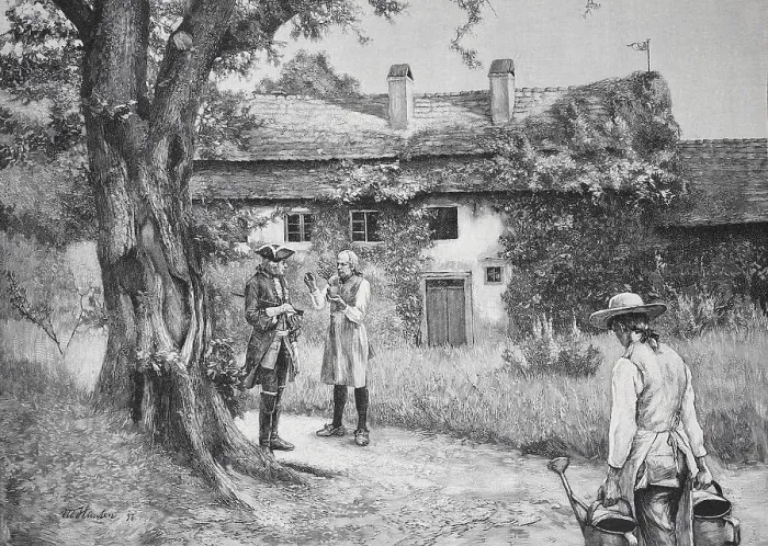 Framed Print : Men standing in a garden in front of a country house Framed Print : Men standing in a garden in front of a country house