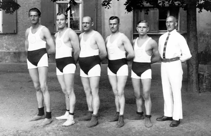 Framed Print : Five men in strange sports pants, ca Framed Print : Five men in strange sports pants, ca
