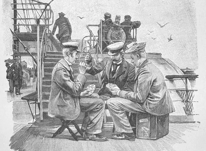 Framed Print : Men, summer holidaymakers on their way to Heligoland by ship playing cards
