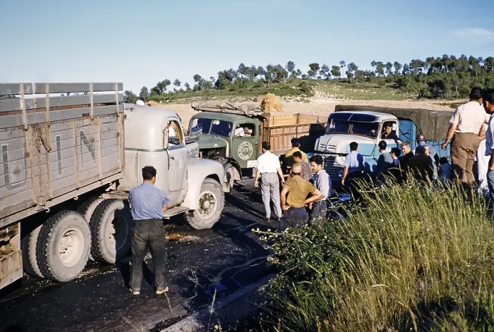 Framed Print : Men and trucks gather at site of road traffic accident, unspecified location, Spain, Europe Framed Print : Men and trucks gather at site of road traffic accident, unspecified location, Spain, Europe