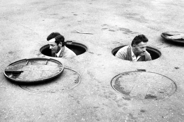 Framed Print : Two men work in two gullies, ca