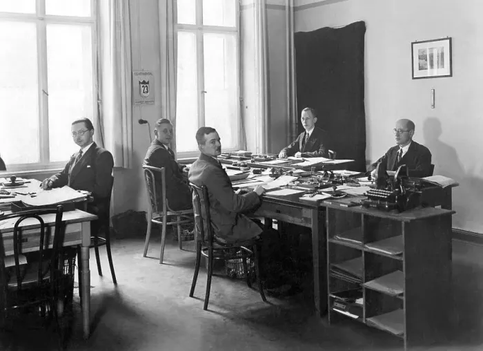 Framed Print : Five men working in an office, historical image