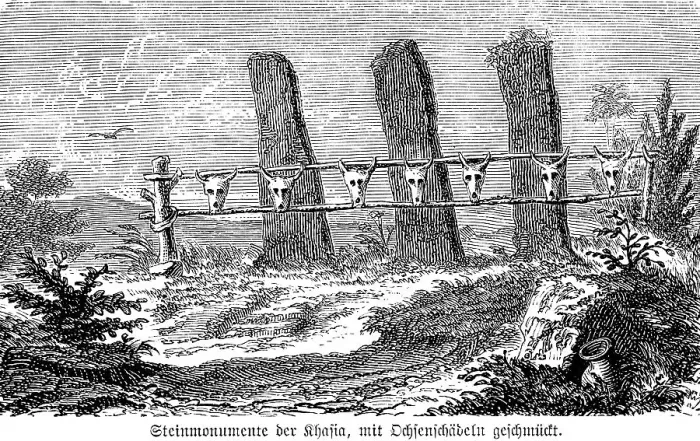 Framed Print : Menhirs of the Khasi decorated with skulls of oxen for festivities, indigenous people, today in the state of Meghalaya, megalithic memorial stones, India, vertical stones, open natural landscape, history of mankind, historical illustration 1880