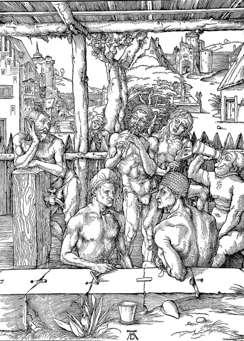 Framed Print : The Men's Bath, woodcut by Albrecht Duerer