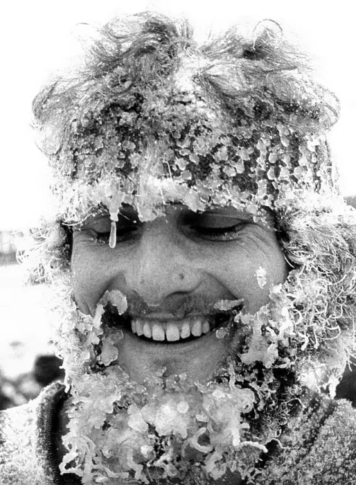 Framed Print : Men's face with ice ca. 1970s Framed Print : Men's face with ice ca. 1970s