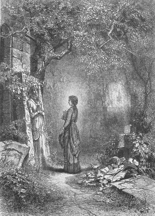 Framed Print : Mento mori, woman standing in the cemetery in front of a coffin slab