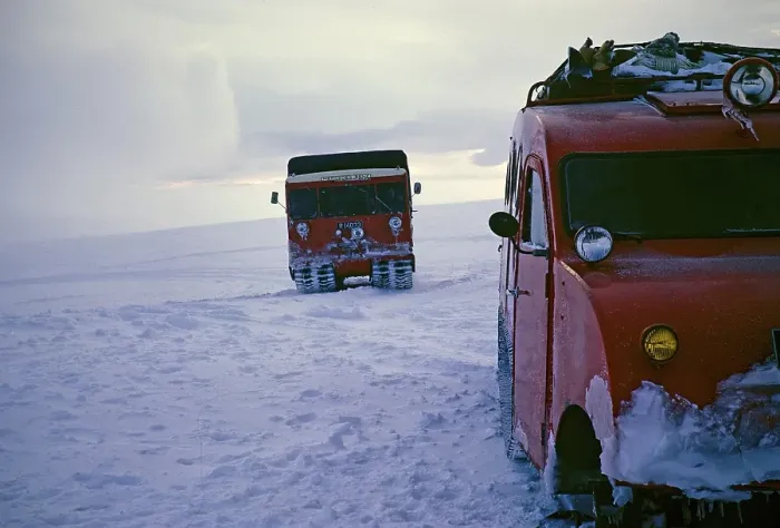 Framed Print : Mercedes Benz snow chain vehicle and GUSI Bombardier B 12 snowmobile, Gudmundur Jonasson travel company adventure Arctic expedition to the frozen ice cap, Iceland, 1972, Europe