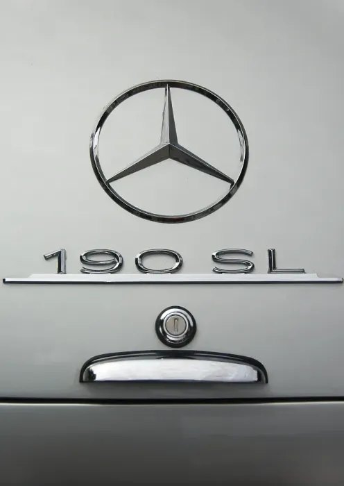 Framed Print : Mercedes star on boot of a silver vintage Mercedes 190 SL