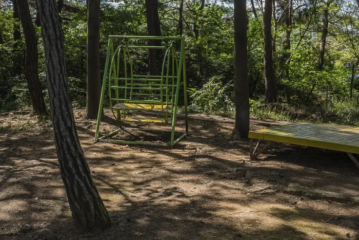 Framed Print : Metal swing bench under trees in shaded roadside park in South Korea