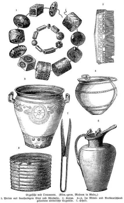 Framed Print : Metal vessels, jewellery and utensils from the Roman period, glass bead necklace (1), comb (2), ornamental ore pots and vases (3-6), scissors (7), history of mankind, Roman Empire, historical illustration 1880