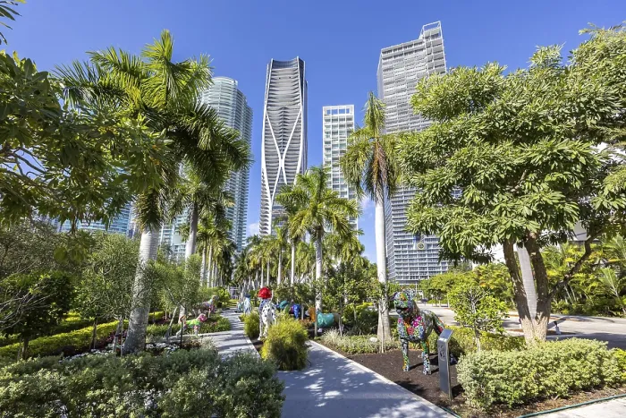Framed Print : Miami Maurice A. Ferre Park modern art and skyline with skyscrapers in Miami