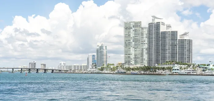 Framed Print : Miami skyline with skyscrapers and bridge over the sea