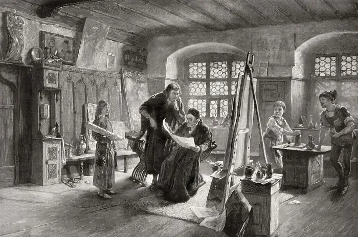 Framed Print : Michael Wolgemut, a German painter and printmaker teaching the young Albrecht Duerer Framed Print : Michael Wolgemut, a German painter and printmaker teaching the young Albrecht Duerer