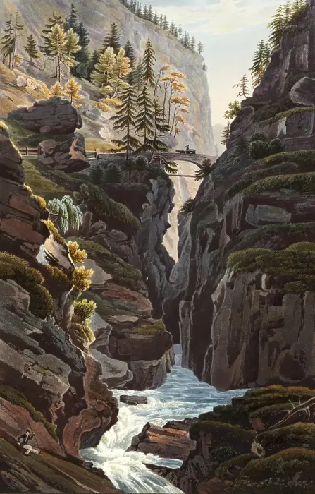 Framed Print : The middle bridge of the Via Mala, section of path along the Hinterrhein between Thusis and Zillis-Reischen in the canton of Graubuenden, Switzerland, view from around 1830