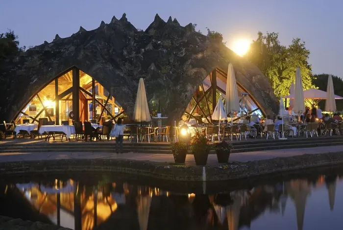 Framed Print : Midsummer night, cafe on the lake with a full moon