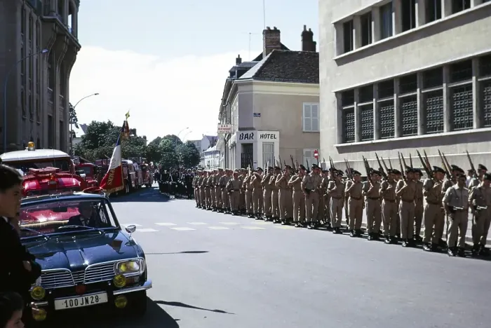 Framed Print : Military march on Bastille Day through the streets of Chartres, Eure et Loir, France, 14 July 1970, Europe