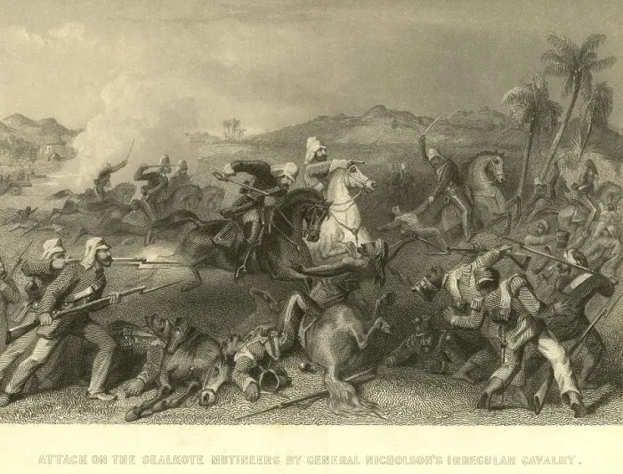 Framed Print : Military and munity mutiny views attack on Sealkote mutineers by general Nicholson's Irregular Cavalry, India, Asia