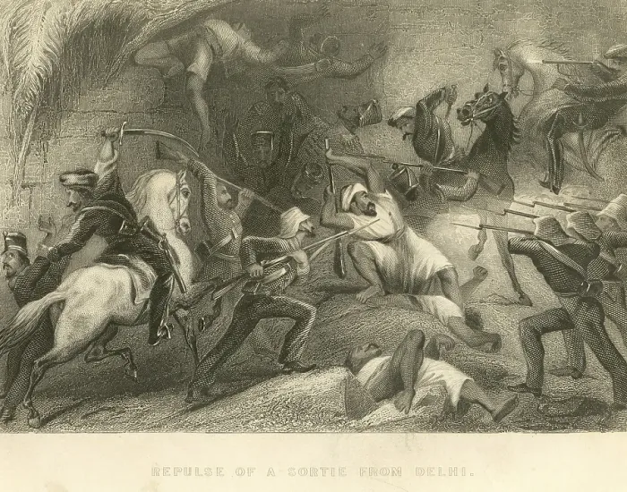 Framed Print : Military and munity mutiny Views Repulse of a sortie From Delhi, India, As ia