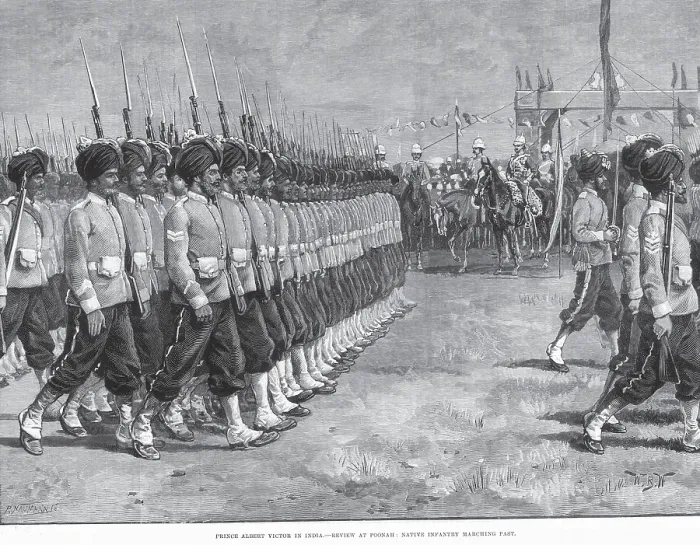 Framed Print : Military and mutiny, prince Albert victor in India, review at Poona Pune, native infantry marching past, Maharashtra, India, Asia
