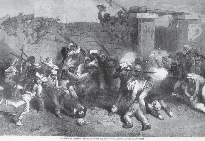 Framed Print : Military and mutiny, the siege of Lucknow the head of the relieving force arriving at the balley guard, Uttar Pradesh, India, Asia