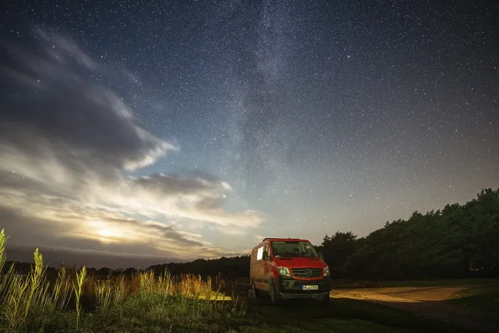 Framed Print : Milky Way over Campervan, Holmhaellar Nature Reserve