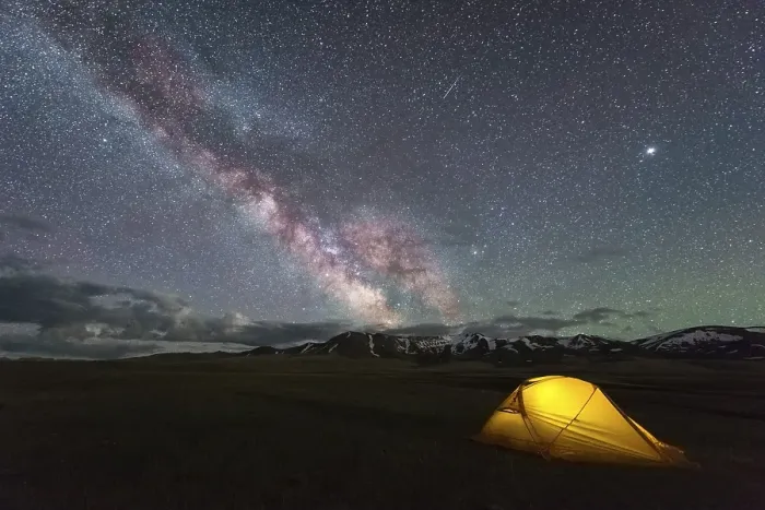 Framed Print : Milky Way on Starry Night Sky with Airglow and Yellow Glowing Tent