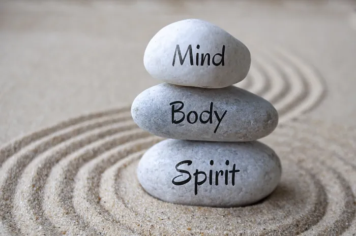 Framed Print : Mind, body and soul text on zen stones with sand background Framed Print : Mind, body and soul text on zen stones with sand background