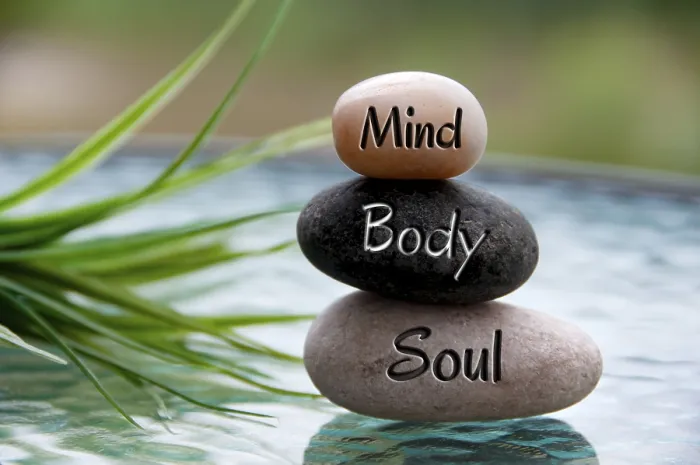 Framed Print : Mind, Body and Soul words engraved on zen stones with space for text Framed Print : Mind, Body and Soul words engraved on zen stones with space for text