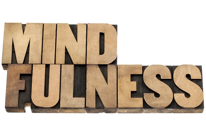Framed Print : Mindfulness - awareness concept - isolated text in letterpress wood type