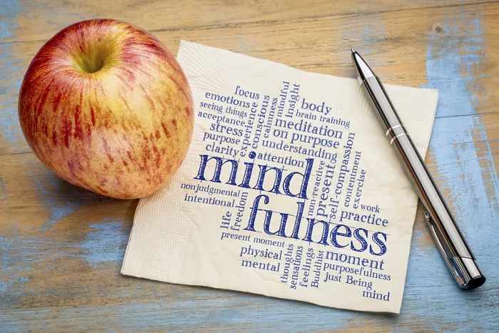 Framed Print : Mindfulness word cloud on a napkin with a fresh apple