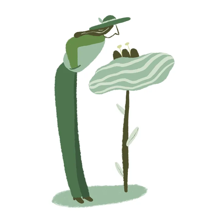 Framed Print : A minimalist illustration of a figure with a hat interacting with a large