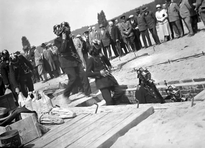 Framed Print : Mining, rescue from a mine with gas masks and recirculation device