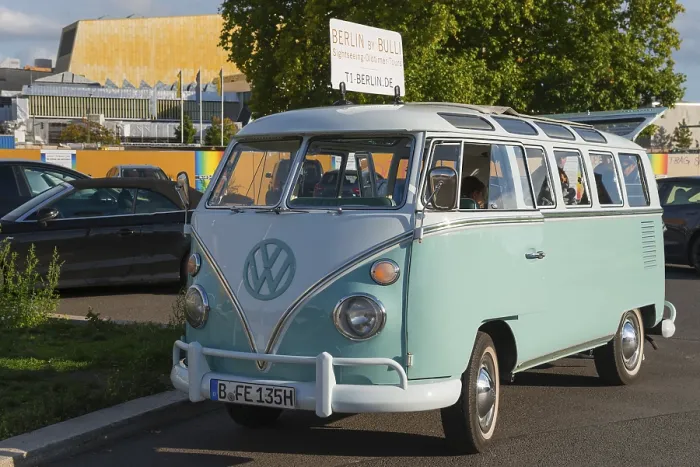 Framed Print : Mint green VW vintage bus on a street in Berlin
