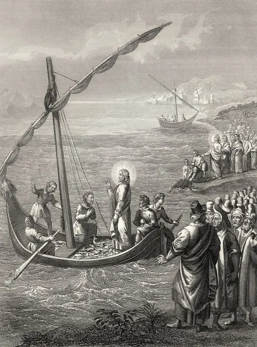 Framed Print : Miraculous Catch of Fish, Steel engraving 1853 Framed Print : Miraculous Catch of Fish, Steel engraving 1853
