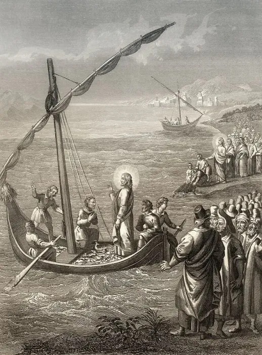 Framed Print : Miraculous Catch of Fish, Steel engraving 1853 Framed Print : Miraculous Catch of Fish, Steel engraving 1853