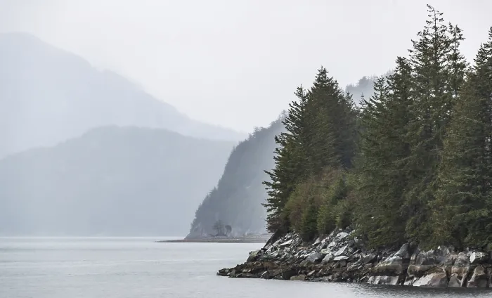 Framed Print : Misty and calm view of rocky shore lined with trees against distant misty hills along the Lower Mainland of British