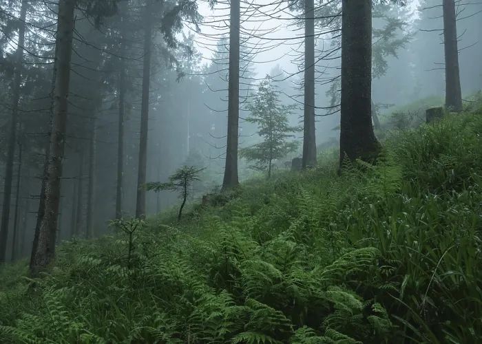 Framed Print : A misty forest with tall spruce trees (Picea abies) and lush ferns (Thelypteris limbosprerma)