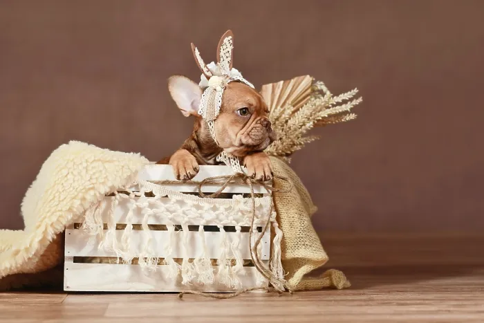 Framed Print : Mocca French Bulldog dog puppy with lace bunny ears in box in front of brown background Framed Print : Mocca French Bulldog dog puppy with lace bunny ears in box in front of brown background
